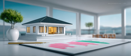 Modern house model with business planning and architectural chart showing concept and emotional interior lightの素材