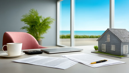 Modern real estate business contract on desk with pen laptop coffee and miniature house by ocean viewの素材