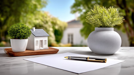 Modern miniature house model business concept with pen and paper on marble desk conveying planning and investment optimismの素材