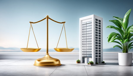 Golden justice scale balances beside modern office building on bright desk conveying business law balance and corporate justice calmの素材