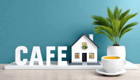 Cafe house coffee cup interior plant business cozy modern scene inviting atmosphereの素材