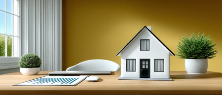 Modern business home model on desk with financial chart and office plant creating calm productive workspaceの素材