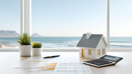 Modern business desk with house model calculator and financial charts overlooking ocean view creating calm business planning sceneの素材