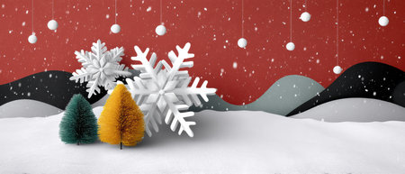 Collage winter landscape with snowflake ornaments and small evergreen trees creating festive cozy scene with falling snow and soft hillsの素材