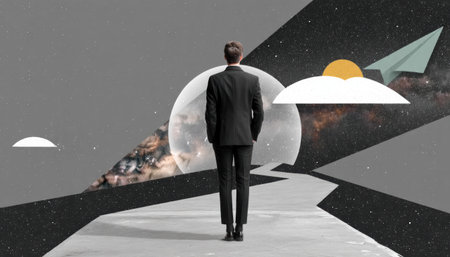 Collage businessman standing on pathway under moon and paper plane in surreal cosmic landscape conveying hopeful exploration and introspectionの素材