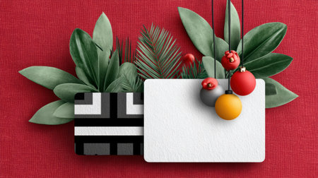 Collage blank card evergreen leaves holiday bauble red background minimal gift mockup festive scene with paper texture and modern ornamentsの素材