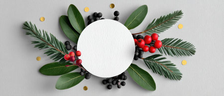 Collage festive wreath with evergreen branch and red berry accents surrounding circular card conveying cozy holiday warmthの素材