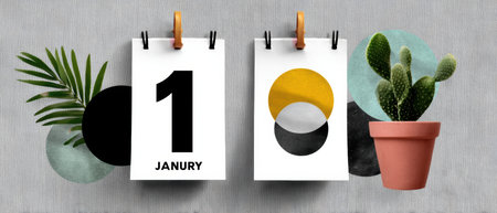 Collage calendar page january cactus plant minimalist wall art modern still life with geometric shapes and palm leaf creating calm moodの素材