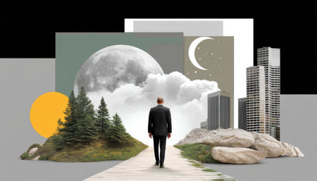 Collage businessman walking toward moon and city through clouds and forest with path evoking surreal journey and contemplative moodの素材