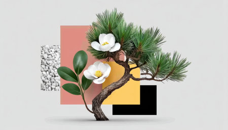 Collage pine bonsai flower minimal composition with geometric blocks and pebble texture creating calm modern botanical still life collageの素材