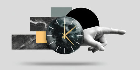 Collage clock pointing hand surreal time concept galaxy face geometric shapes modern minimal design elegant muted palette collageの素材