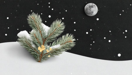 Snowy pine collage under moonlit sky evokes peaceful winter night with falling snow and textured backdropの素材