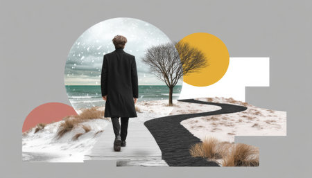 Man walking on boardwalk collage winter beach tree snow ocean moodyの素材