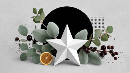 Collage white star with eucalyptus leaves and berries arranged around black circle creating modern botanical still life composition with driedの素材