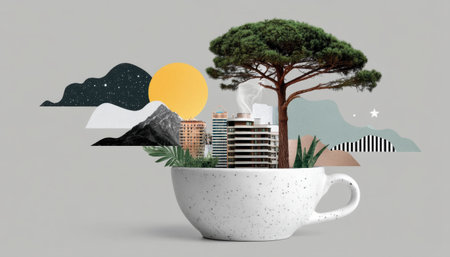 Collage cup city tree mountain sun surreal steam plant skyline mug urban nature collageの素材