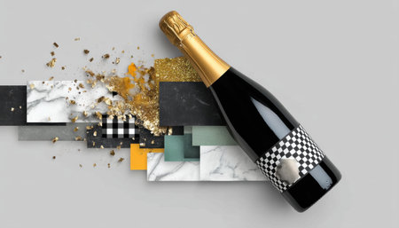 Collage champagne bottle with marble geometric paper gold leaf and confetti elegant modern celebration still life in neutral tonesの素材