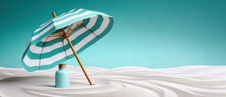 Summer turquoise beach umbrella and sunscreen bottle on white sand creating relaxed vacation mood with soft shadows and clear skyの素材