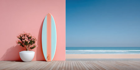 Summer pastel surfboard leaning by pink wall with potted flowering tree peaceful beach horizon and wooden deck at sunriseの素材