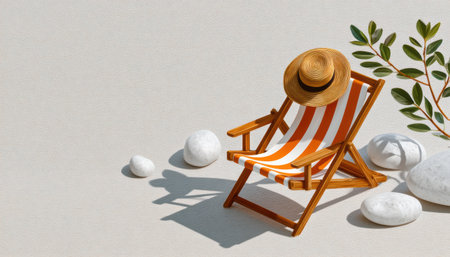 Summer beach chair with striped fabric and straw hat casting shadow on sand relaxed serene vacation sceneの素材