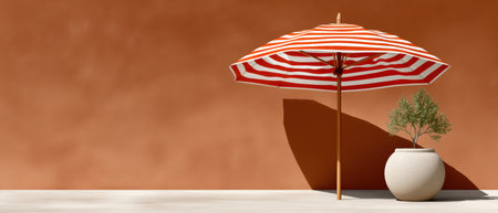 Summer striped beach umbrella and potted plant casting warm shadow on terracotta wall creating calm minimalist outdoor sceneの素材