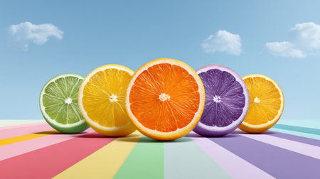 Summer vibrant citrus slices arranged on pastel stripes against clear sky evoking fresh colorful moodの素材
