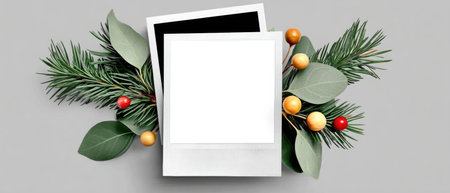 Blank instant photo frame with festive pine and eucalyptus arrangement, warm berries and holiday moodの素材