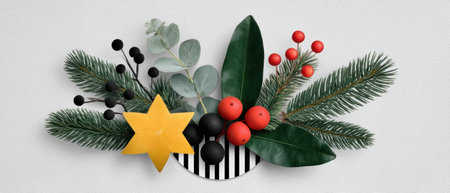 Decorative holiday arrangement with evergreen branches, eucalyptus, red berries and star ornament evoking festive warmth and eleganceの素材