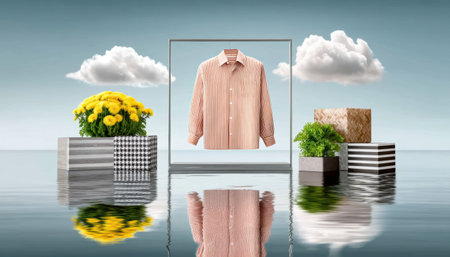 Striped cotton shirt displayed in minimalist floating window with potted flowers and clouds, serene reflection and soft pastel backdropの素材