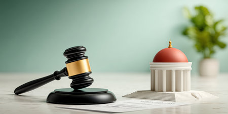 Judge gavel next to courthouse model on legal documents conveying business law concept and authorityの素材