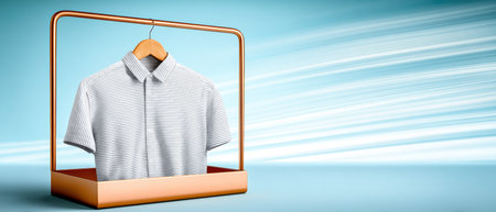 Striped polo shirt on wooden hanger displayed in modern copper frame with soft blue motion background conveying clean casual styleの素材