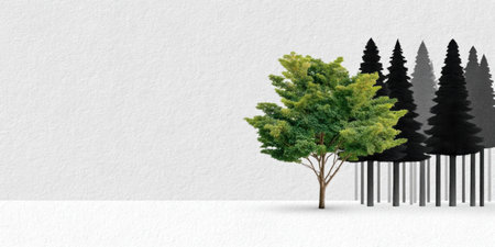 Collage green tree standing beside monochrome pine silhouette forest on textured paper creating contrast and calm moodの素材