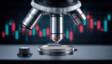 Microscope lens focusing semiconductor wafer with blurred stock market chart background showing technology and innovation semiconductor industryの素材