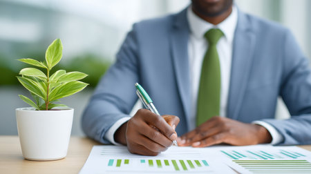 Smart city business sustainable concept with businessman analyzing green charts and plant on desk showing eco friendly workの素材