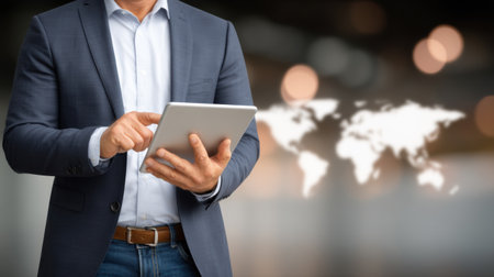 Businessman using tablet with world map background showing logistics storage solutions for global trade and efficient managementの素材