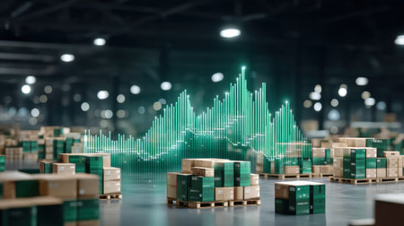 Warehouse logistics storage solutions concept with stacked cardboard boxes on wooden pallets and digital data graph overlay in distribution centerの素材