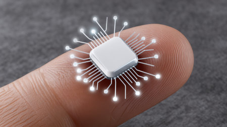 Small semiconductor chip with glowing circuit lines rests on fingertip symbolizing advanced technology and innovation in microelectronicsの素材