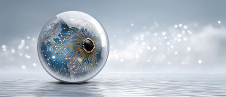 Artificial semiconductor eye with circuit design reflecting on water surface in futuristic technology conceptの素材