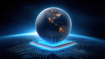 Digital globe with illuminated points above glowing semiconductor chip representing global technology and semiconductor innovation futuristic styleの素材