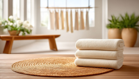 Bright laundry room with neatly folded white towels on round woven mat and soft natural light creating calm and clean atmosphereの素材