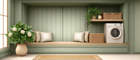 Bright laundry room with green walls and wooden bench featuring cushions and wicker baskets creating cozy and inviting spaceの素材