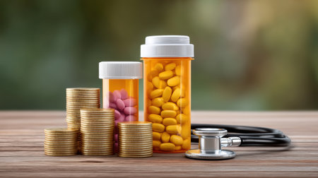 Drug pill bottle tax healthcare cost concept with stethoscope and stacked coins on wooden tableの素材