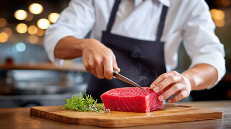 Premium omakase chef slicing fresh tuna on wooden board with herbs in restaurant kitchen preparing gourmet mealの素材
