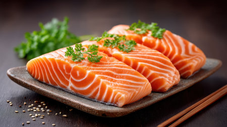Fresh premium salmon fillet with green garnish on plate ready for omakase style preparation offering vibrant and appetizing presentationの素材