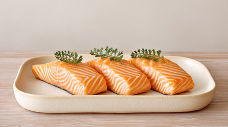 Premium fresh salmon fillet pieces with green herb garnish served white plate for elegant omakase dining experience with vibrant colors and textureの素材