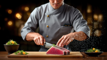 Premium chef preparing omakase with fresh tuna slices and garnishes creating elegant and delicious dining experience full of flavor and careの素材