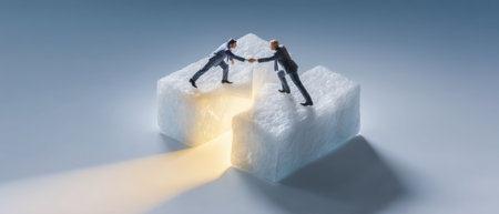 Business partners shake hands bridging gap on foam cube bridge with warm light path symbolizing cooperation and negotiationの素材