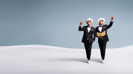 Two men businessman twin walking pointing up in suit hat sunglasses carrying folder cheerful confidentの素材