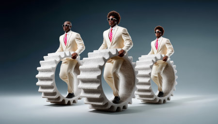 Three stylish businessmen cream suit walk inside oversized gear wheels wearing sunglasses and striped tie dramatic studio lighting conveyingの素材