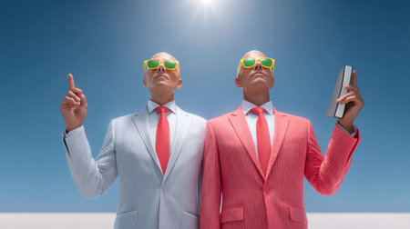 Two suited businessmen wearing sunglasses stand under bright sun one pointing other holding book showing confident business postureの素材