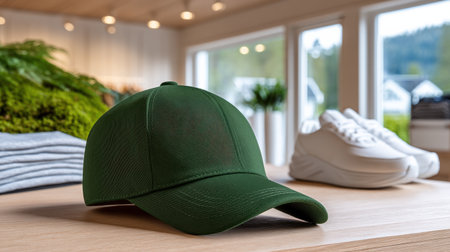 Green baseball cap on wooden table with white sneakers and folded clothes in bright retail storeの素材